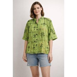 Vintage Bleu Bayou Silk Blouse Green Embroidered Button Up L